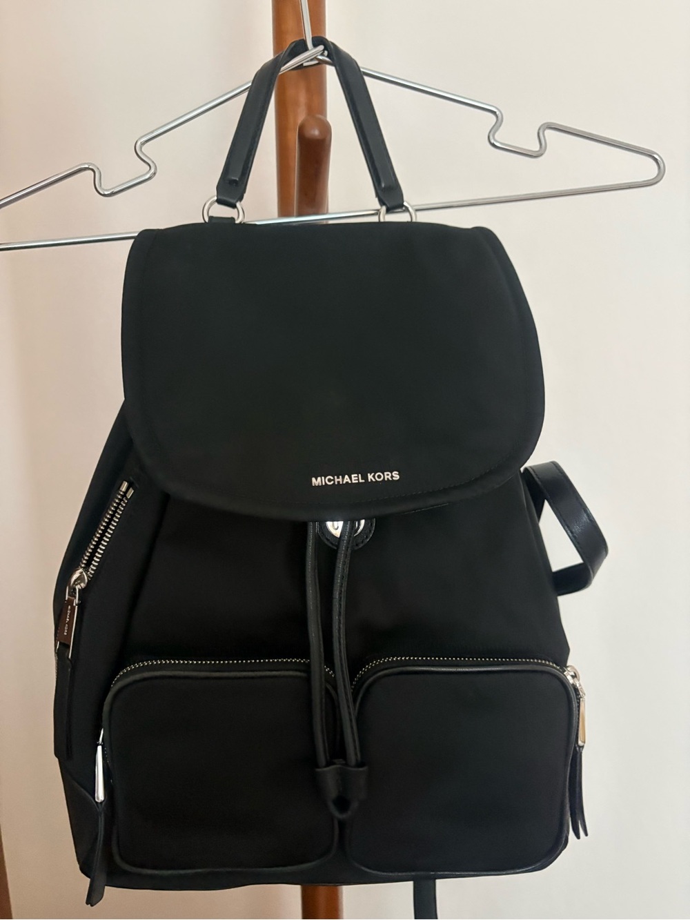 Michael Kors Black Nylon Drawstring Flap Backpack